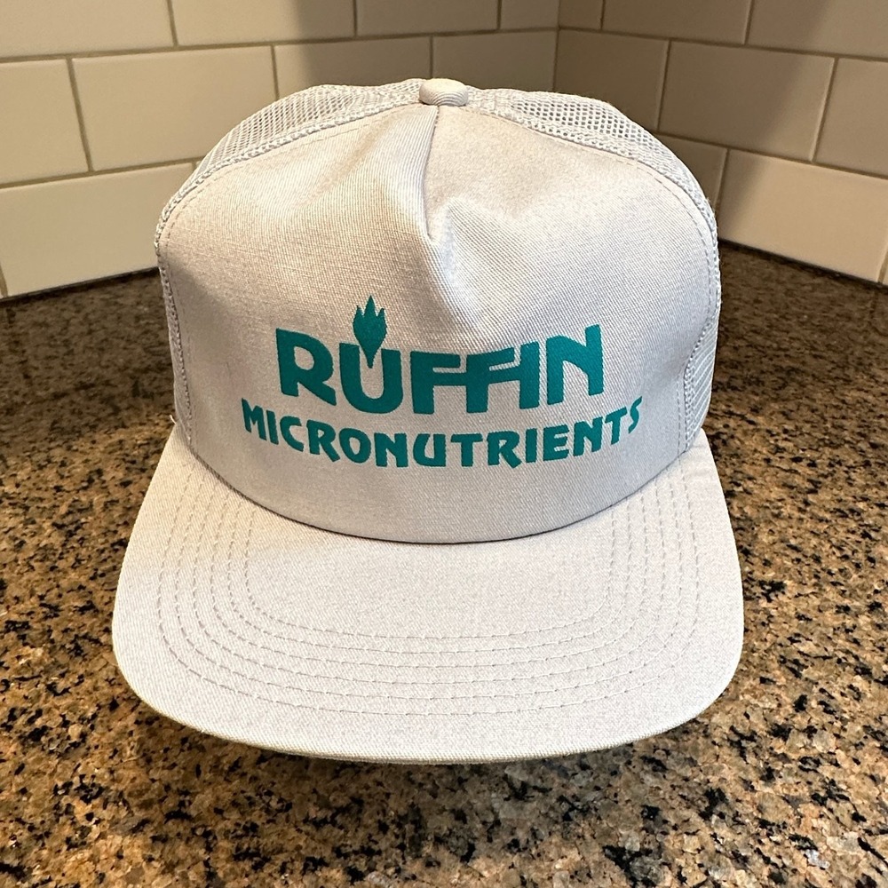Vtg K-Products Trucker Hat Ruffin Micronutrients Logo Snapback Gray Teal